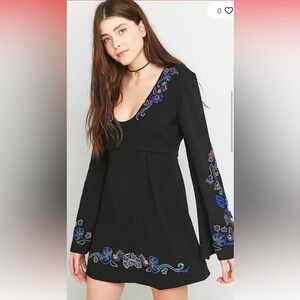 Free People Embroidered Black Dress with Bell Sleeves